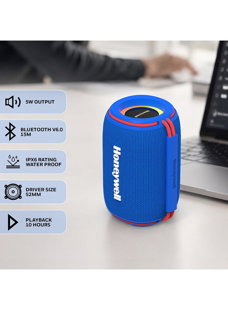Suono V210 Bluetooth 6.0 Speaker, 5W, Deep Bass Dual Radiators, 10H Playback, IPX6, Dual Speaker Pairing, RGB Light, USB/AUX/SD, Type-C Charging, Built-in Mic, 2yr Manufacturer Warranty Blue