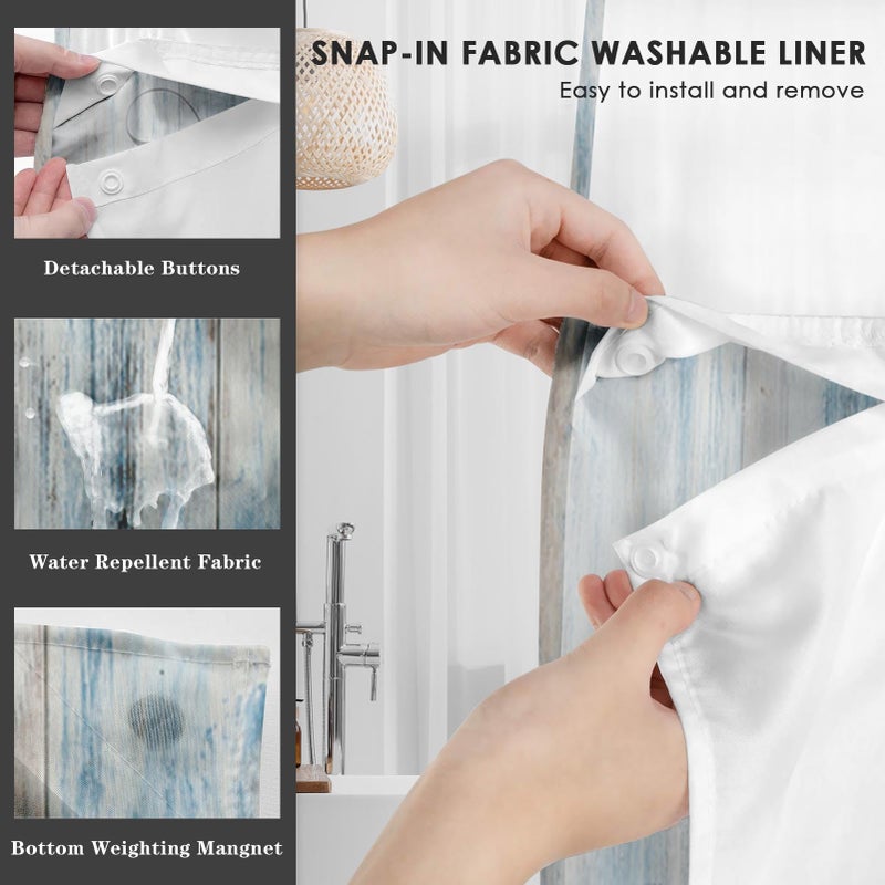 Nesphy No Hook Blue Daisy Shower Curtain with Snap in Fabric Liner Set  Wooden Boards Double Layers Waterproof Fabric with See Through Top Window Open Grommet Bath Curtain 71x86 Inch - Image 4
