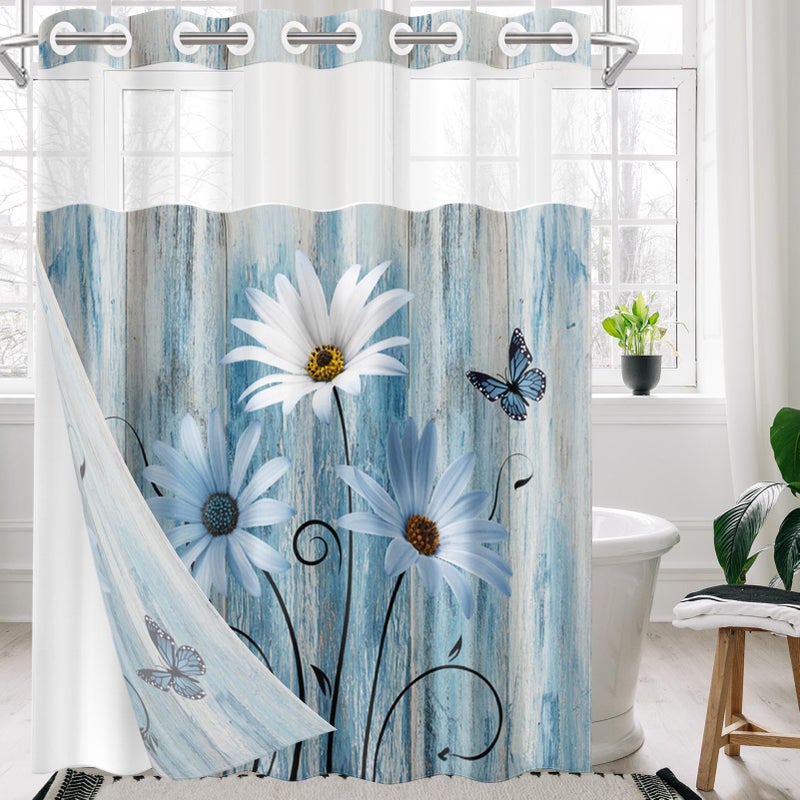 Nesphy No Hook Blue Daisy Shower Curtain with Snap in Fabric Liner Set  Wooden Boards Double Layers Waterproof Fabric with See Through Top Window Open Grommet Bath Curtain 71x86 Inch - Image 5