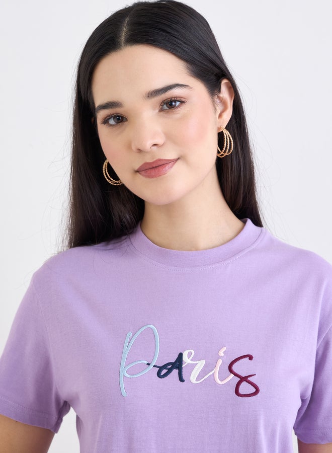 Styli Lilac Paris Embroidered Regular Fit T-Shirt - Image 3