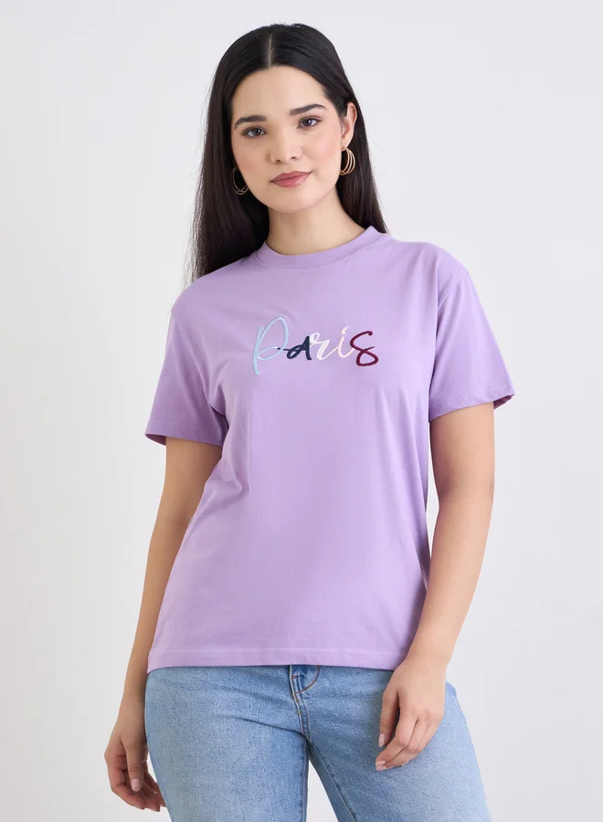 Styli Styli Lilac Paris Embroidered Regular Fit T-Shirt