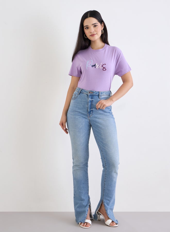 Styli Lilac Paris Embroidered Regular Fit T-Shirt - Image 2