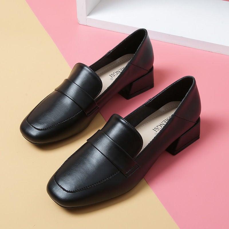 2024 New Womens Leather Loafers Retro British Style Black 