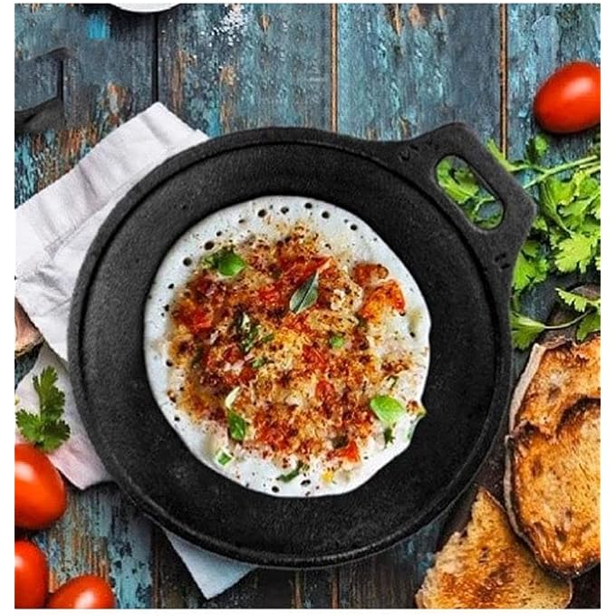 ايدا مقلاة دوسا تاوا من الحديد الزهر، مقاس 23 سم، مقلاة دوسا تاوا مقرمشة، مثالية للطهي على أسطح الطهي بالغاز والكهرباء، متبلة مسبقًا باللون الأسود، مقاس 9 بوصات - Image 4