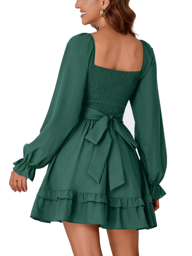 KIFOVEN Women's Lantern Long Sleeve Smocked Wrap Tiered Ruffle Flowy A Line Short Mini Dress Dark Green Small - Image 5