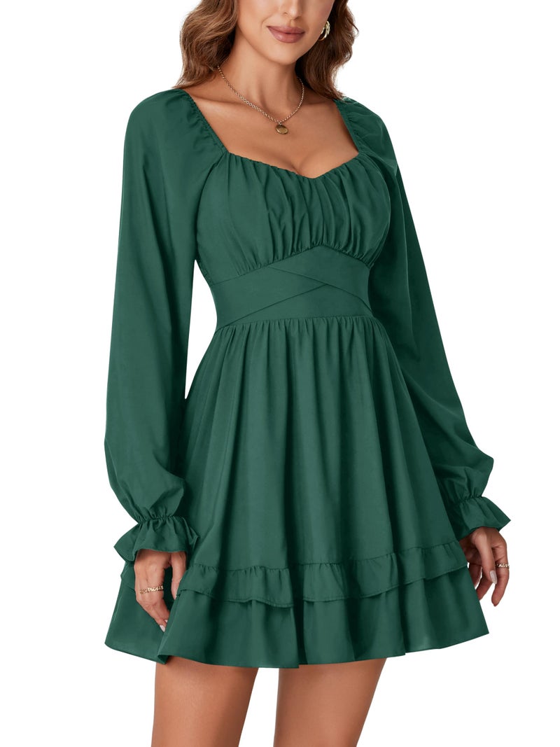 KIFOVEN Women's Lantern Long Sleeve Smocked Wrap Tiered Ruffle Flowy A Line Short Mini Dress Dark Green Small - Image 4