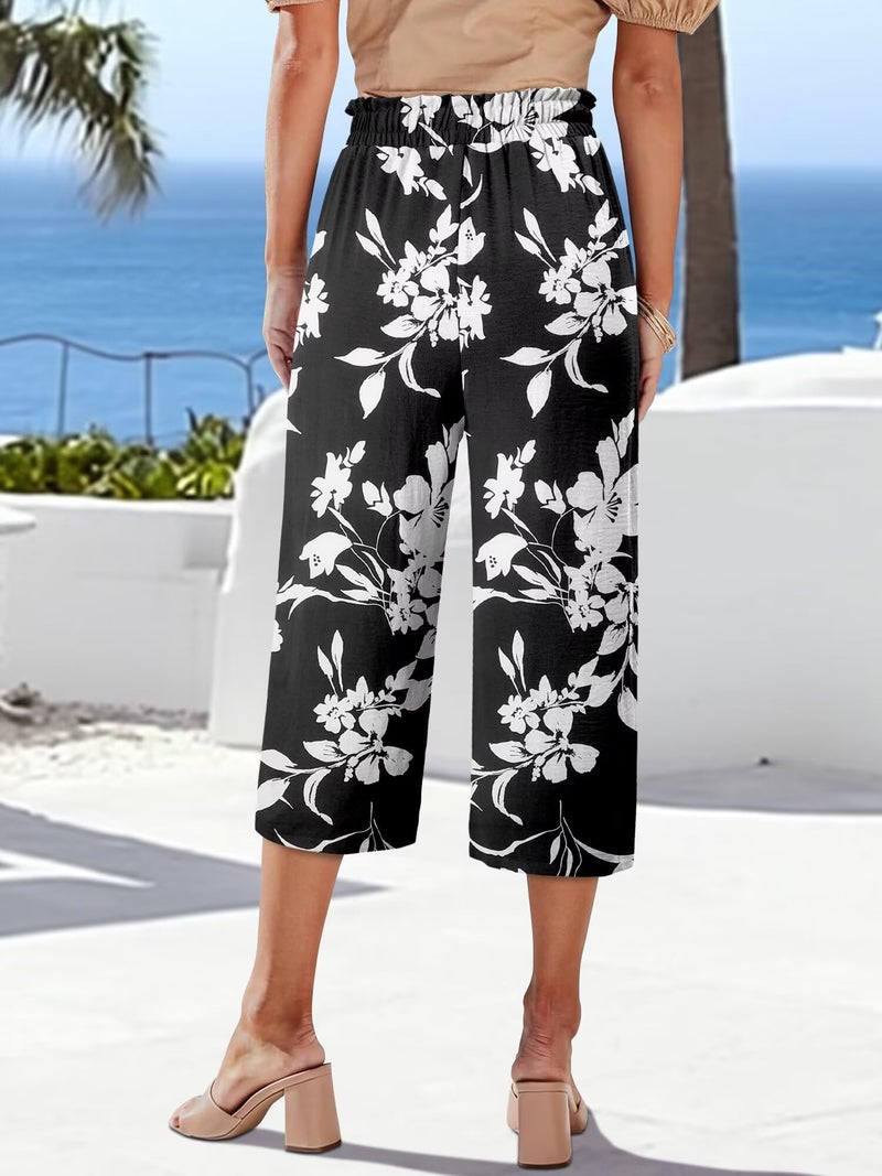 CRAZY GRID Womens Wide Leg Capri Pants Casual Beach Summer Flowy Cropped Palazzo Loose High Waisted Dressy Drawstring Gaucho with Pockets Large Black White Flower - Image 3