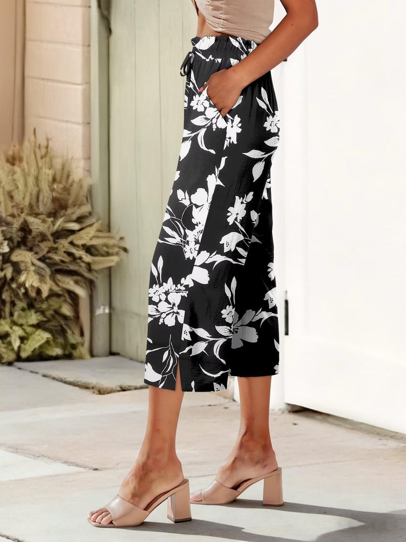 CRAZY GRID Womens Wide Leg Capri Pants Casual Beach Summer Flowy Cropped Palazzo Loose High Waisted Dressy Drawstring Gaucho with Pockets Large Black White Flower - Image 4