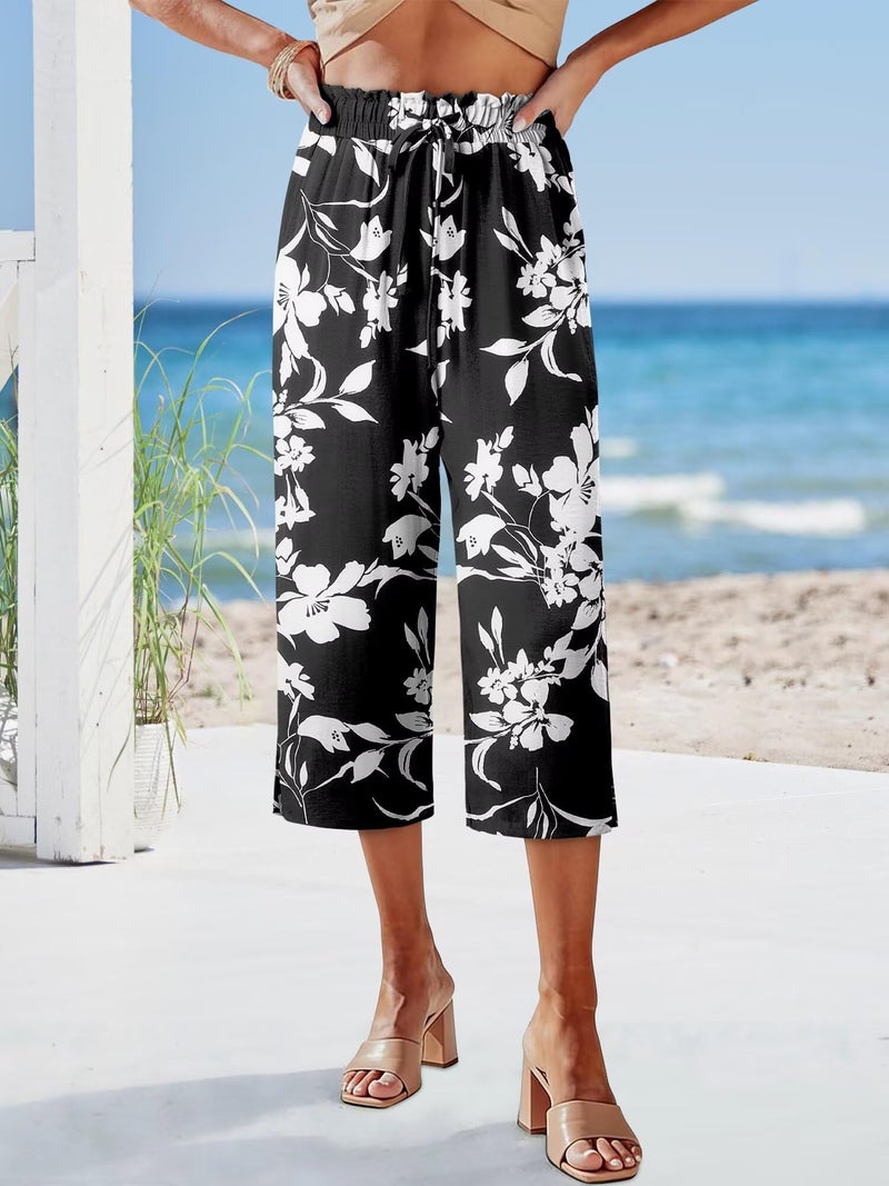 CRAZY GRID Womens Wide Leg Capri Pants Casual Beach Summer Flowy Cropped Palazzo Loose High Waisted Dressy Drawstring Gaucho with Pockets Large Black White Flower - Image 2