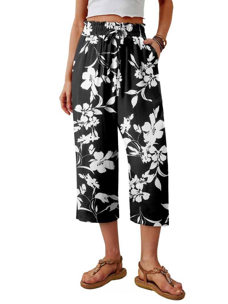 CRAZY GRID Womens Wide Leg Capri Pants Casual Beach Summer Flowy Cropped Palazzo Loose High Waisted Dressy Drawstring Gaucho with Pockets Large Black White Flower - Image 1