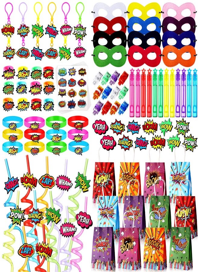 Arrowbash 252 Pcs Hero Birthday Party Favors Supplies Include Bubble Wands, Keychains, Brooches, Straws, Masks, Finger Lights, Stickers, Gift Bags Birthday Party Favors - Image 1