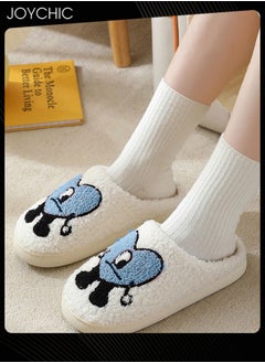 Joychic Lovely Cartoon Embroidery Warm Indoor Bedroom Slides Autumn and Winter Women Men Couple Flat Household Slippers with Love Pattern White+Blue  - Image 1