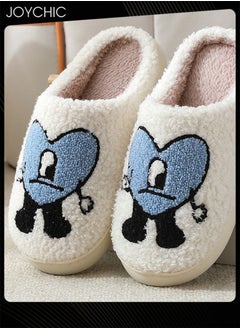 Joychic Lovely Cartoon Embroidery Warm Indoor Bedroom Slides Autumn and Winter Women Men Couple Flat Household Slippers with Love Pattern White+Blue  - Image 2