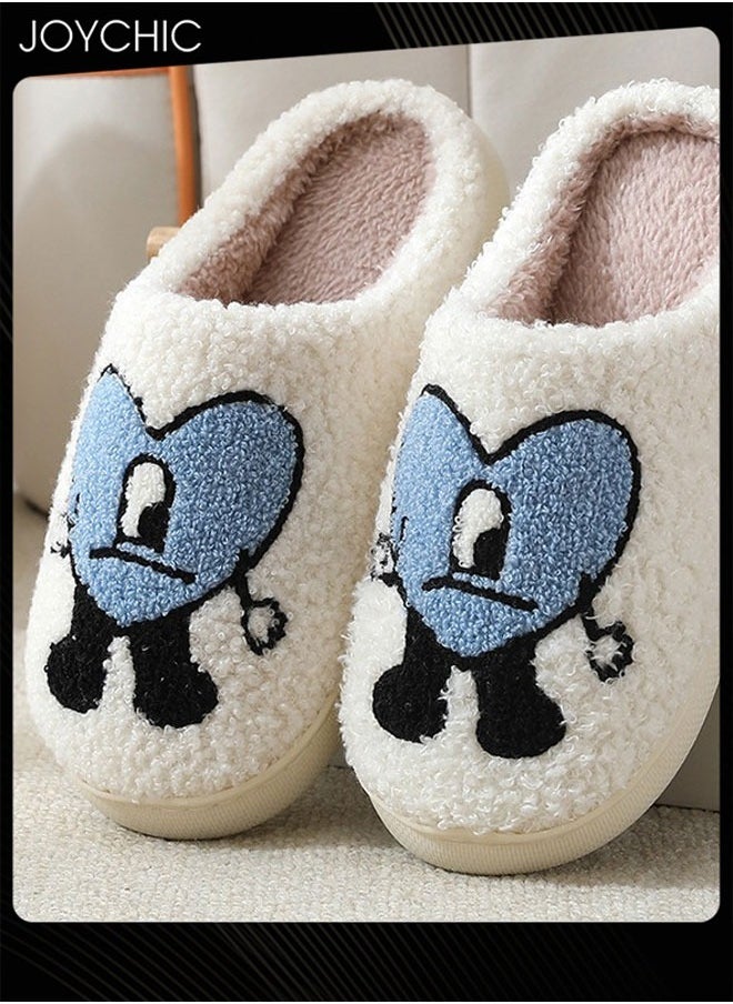 Joychic Lovely Cartoon Embroidery Warm Indoor Bedroom Slides Autumn and Winter Women Men Couple Flat Household Slippers with Love Pattern White+Blue  - Image 2