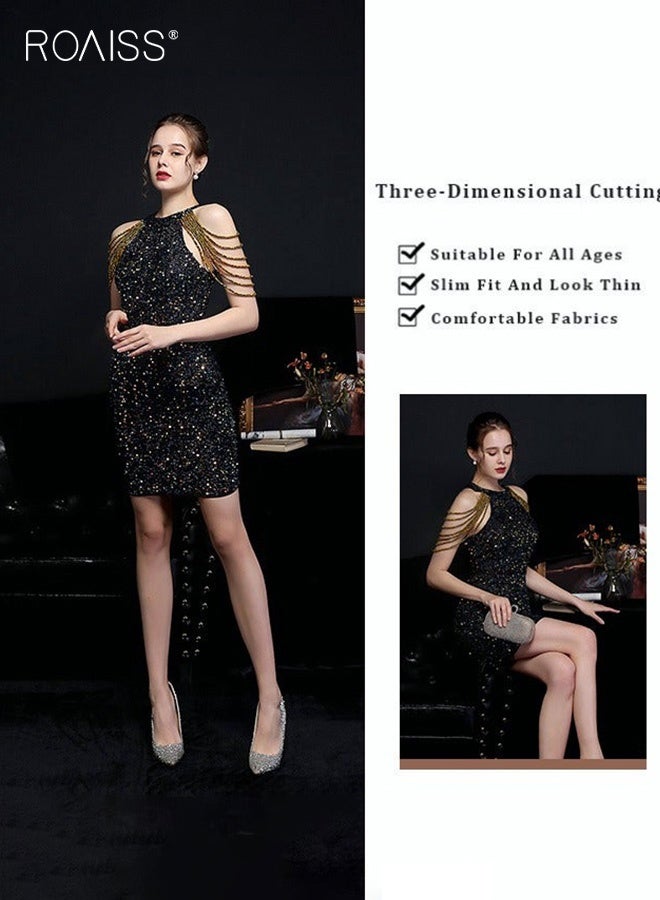 roaiss Banquet Party Hip Dress for Women Evening Dresses Halter Neck Sequin Mid-Rise Short-Length Sleeveless Prom Ball Gown Wedding Elegant Slim Formal Dresses Bridesmaid Dress Black - Image 2