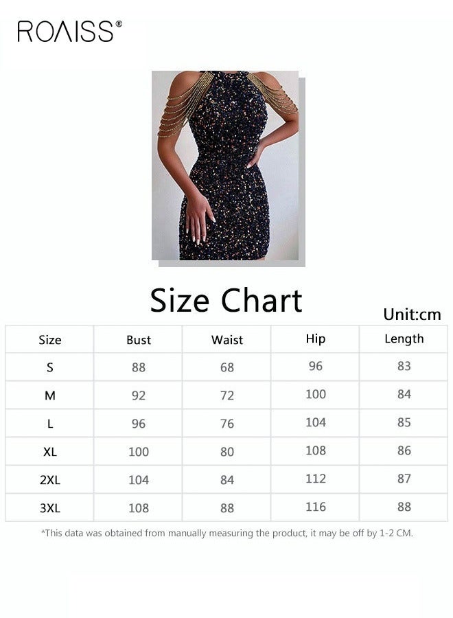 roaiss Banquet Party Hip Dress for Women Evening Dresses Halter Neck Sequin Mid-Rise Short-Length Sleeveless Prom Ball Gown Wedding Elegant Slim Formal Dresses Bridesmaid Dress Black - Image 3