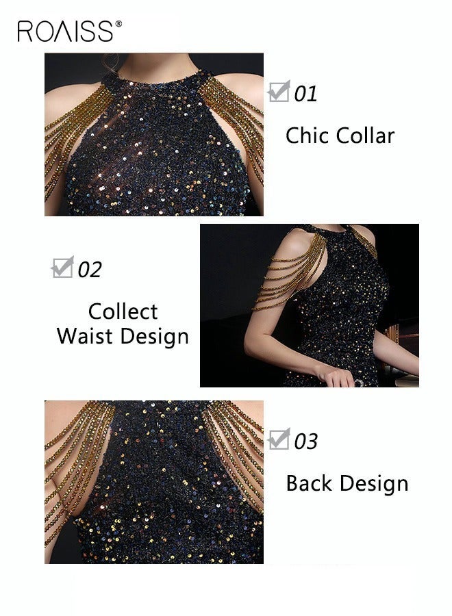 roaiss Banquet Party Hip Dress for Women Evening Dresses Halter Neck Sequin Mid-Rise Short-Length Sleeveless Prom Ball Gown Wedding Elegant Slim Formal Dresses Bridesmaid Dress Black - Image 5