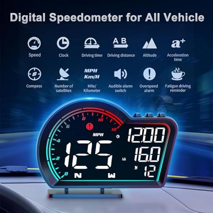 Azonee Hud Digital Speedometer For Car Universal Heads Up Display With Oversize Screen Large Lcd Mph Speed  Fatigue Alert OverSpeed Alarm Compass - Image 5