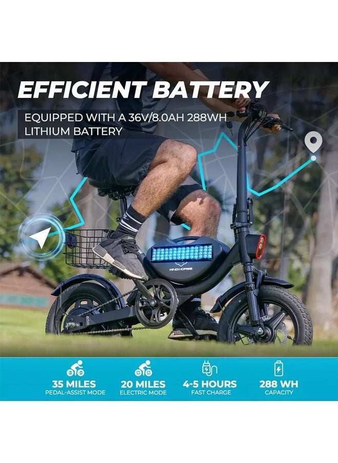 Wind Horse Foldable Electric Bike for Adults 500W Brushless Hub Motor, 35 KMH Max Speed, 19-35 KM Range with 36V 8AH Battery, 14 Inches Tires with Dual Suspension and Disc Brakes, Lightweight Carbon Alloy Frame, Urban Commuter E-Bike with Basket for Easy Storage and Transport  - Image 2