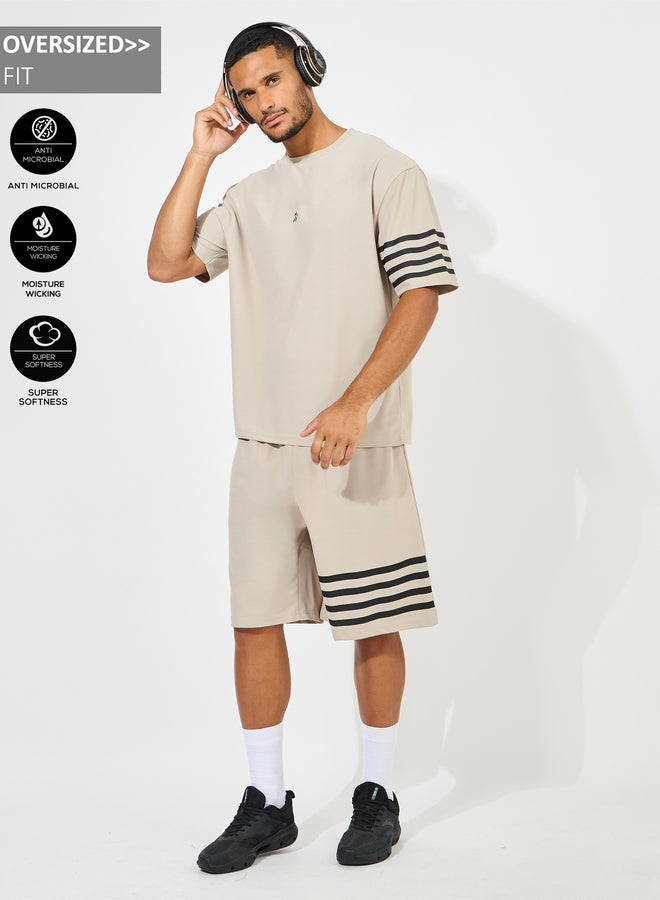 Styli Oversized Stretch Pique Knit T-Shirt and Striped Shorts Set - Image 1