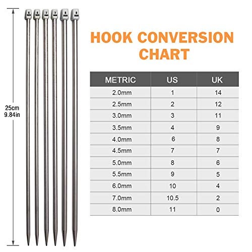 BCMRUN Knitting Needle Set, BCMRUN 22PCS 2mm(B)-8mm(L) Straight Single Pointed Stainless Steel Sweater Needles Set(11Pair-11 Size,9.8 inch) with Locking Stitch Makers Large-Eye Needles Measure Tape (25CM) - Image 3