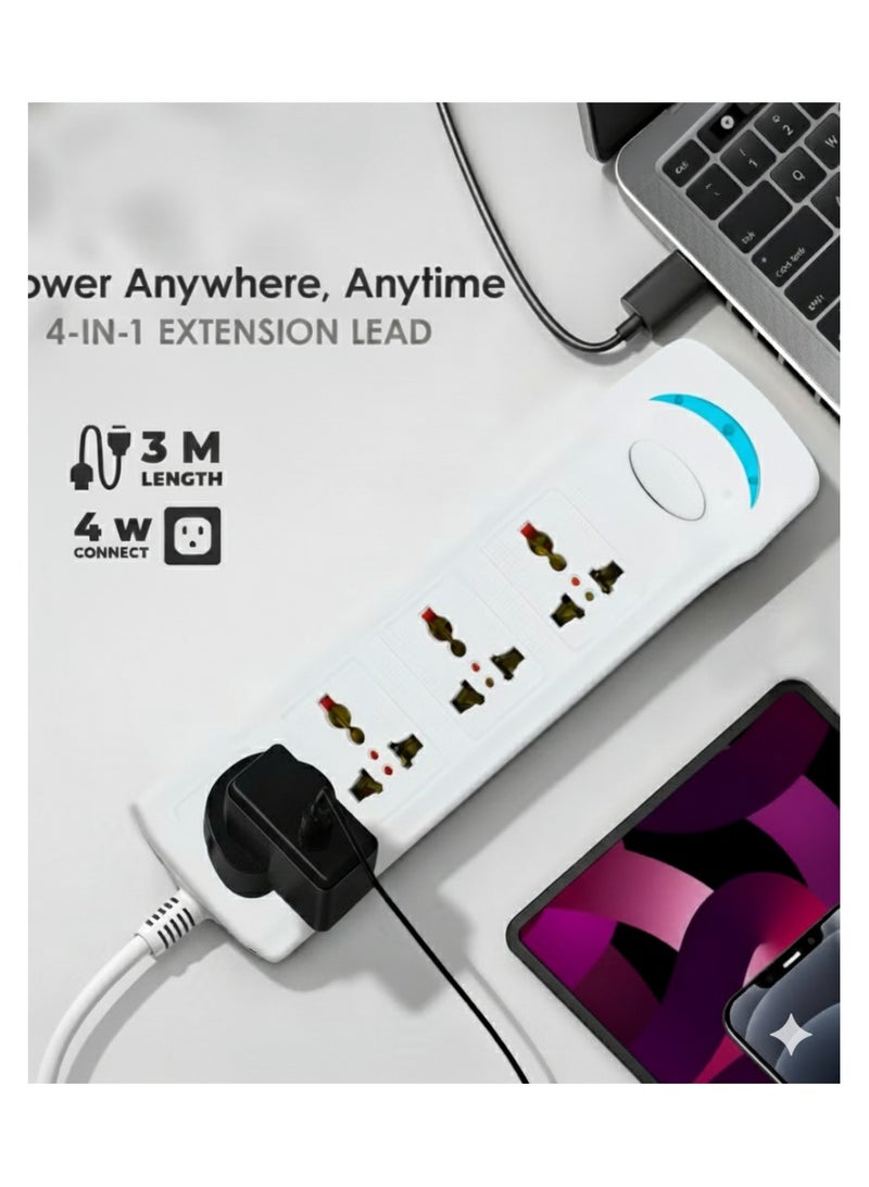 High-Quality 3-Pin Power Extension Socket with USB Ports, 4-Outlets Power Strip, 3-Meter Cable, Overload Protection, Safety Switch – White - Image 2