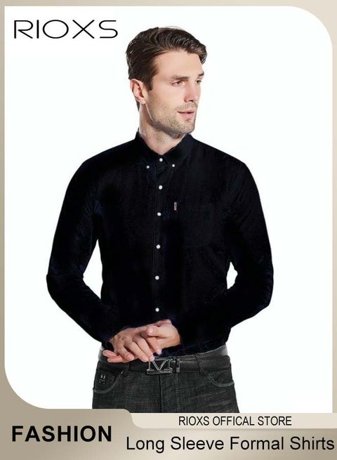 Men's Solid Long Sleeve Formal Shirts, Regular Fit Dress Shirt, Business Casual Button Down Tops, Black