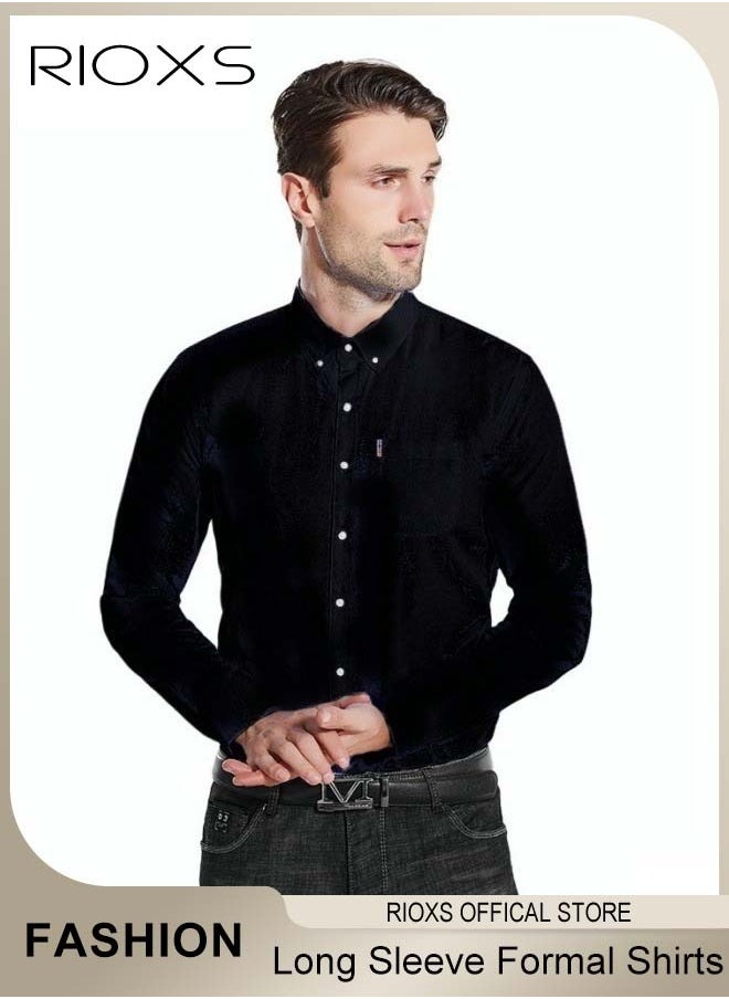 RIOXS - Men's Solid Long Sleeve Formal Shirts Regular Fit Dress Shirt Business Casual Button Down Shirts - Image 1