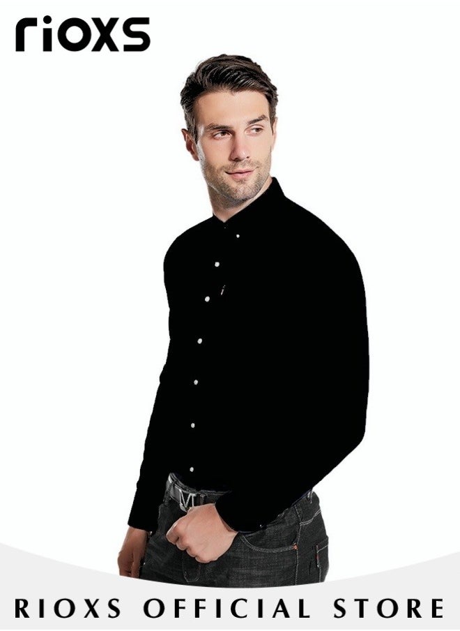 RIOXS - Men's Solid Long Sleeve Formal Shirts Regular Fit Dress Shirt Business Casual Button Down Shirts - Image 1