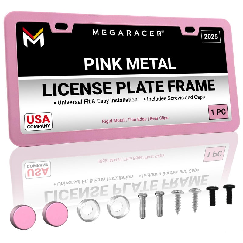 Mega Racer Premium Princess Pink License Plate Frame â€“ 1 Piece, Rust-Free Stainless Steel, Street Legal & Rattle-Free, Universal Slim Design with Screw Caps, Durable Car Tag Holder for Women, Cute & Girly Gift - Image 1