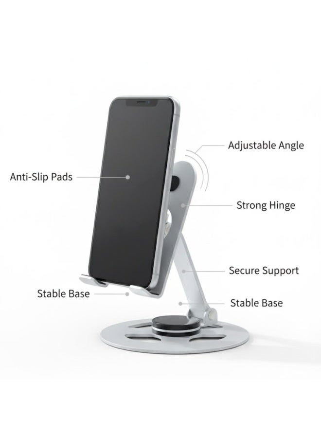 طلال حامل هاتف محمول معدني قابل للطي بزاوية عرض قابلة للتعديل ودوران 360 درجة، حامل مكتبي ثابت مانع للانزلاق للهواتف الذكية والأجهزة اللوحية الصغيرة، مثالي للمكتب والمنزل والسفر - Image 3