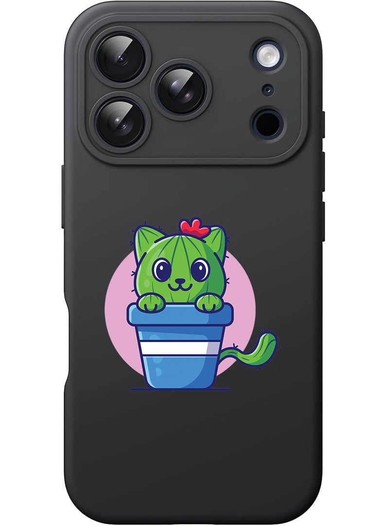 Theodor Protective Slim Fit Case Liquid Silicone Cover with Full Body Protection Anti-Scratch Shockproof Case For Apple iPhone 17 Pro Max (Black) Cute Cat Cactus - Image 1