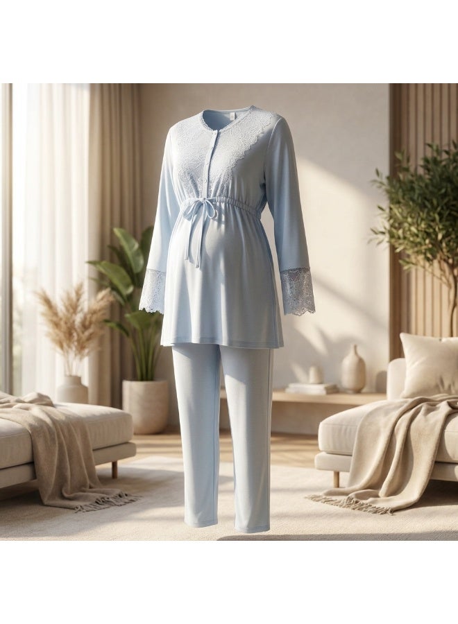 3-Piece Maternity & Nursing Pajama Set for Women - Long Sleeve Nursing Top, Short Lace Robe & Full-Length Pants | Cotton Lycra | Made in Turkey - Image 1