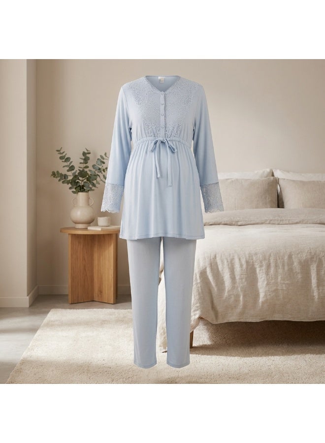 3-Piece Maternity & Nursing Pajama Set for Women - Long Sleeve Nursing Top, Short Lace Robe & Full-Length Pants | Cotton Lycra | Made in Turkey - Image 3
