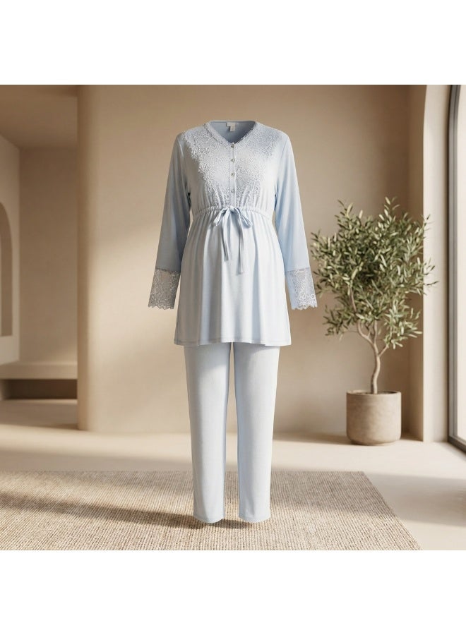 3-Piece Maternity & Nursing Pajama Set for Women - Long Sleeve Nursing Top, Short Lace Robe & Full-Length Pants | Cotton Lycra | Made in Turkey - Image 4