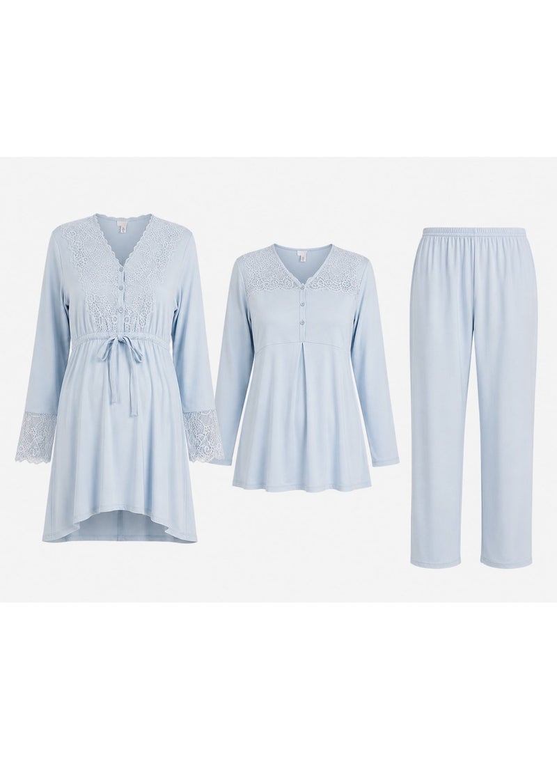 3-Piece Maternity & Nursing Pajama Set for Women - Long Sleeve Nursing Top, Short Lace Robe & Full-Length Pants | Cotton Lycra | Made in Turkey - Image 5