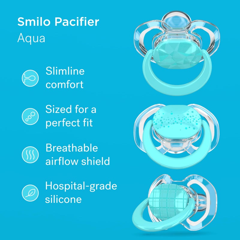 Smilo Baby Pacifier with Orthodontic Design for Healthy Dental Development - Stage 3 for Babies 9+ Months - Pack of 3X 100% Silicone Pacifiers BPA Free - Aqua Blue - Image 2
