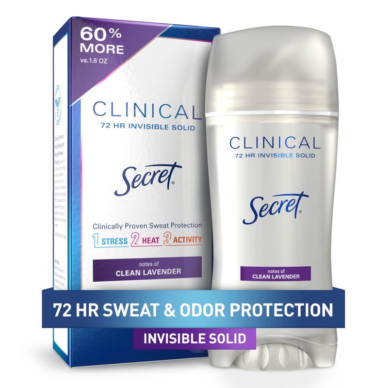 Secret Clinical Strength Antiperspirant Deodorant for Women, 3X Stress Protection, 72hr Sweat & Odor Protection, PH Balancing Minerals, Invisible Solid, Clean Lavender Scent, 2.6 oz - Image 1