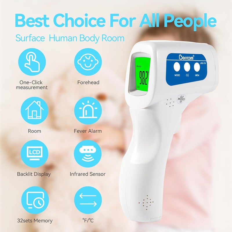 Berrcom Thermometer, 3 in 1 Contactless Infrared Fever Check Thermometer for Forehead, Ideal for Baby, Infant, Kids, and Adults, Batteries Not Included, JXB-178 (White) - Image 2