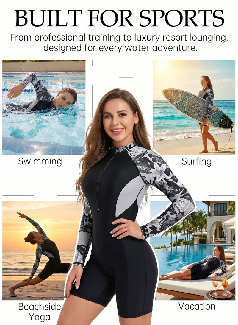 Axpeih Women One Piece Rash Guard Swimsuit Long Sleeve, Modest UV Protection Swimwear with Zip Front & Tummy Control, Full Coverage Sport Bathing Suit for Swimming Surfing Diving Beach - Image 1
