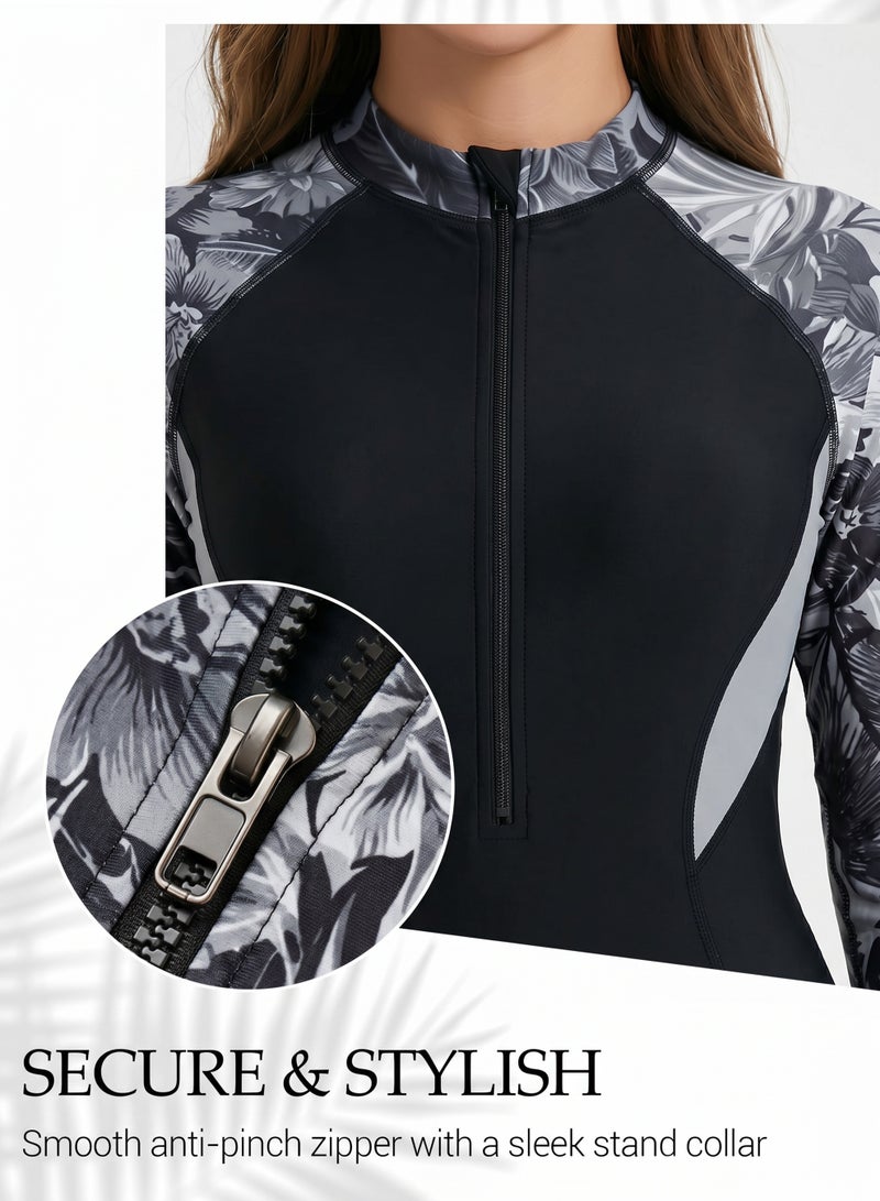Axpeih Women One Piece Rash Guard Swimsuit Long Sleeve, Modest UV Protection Swimwear with Zip Front & Tummy Control, Full Coverage Sport Bathing Suit for Swimming Surfing Diving Beach - Image 4