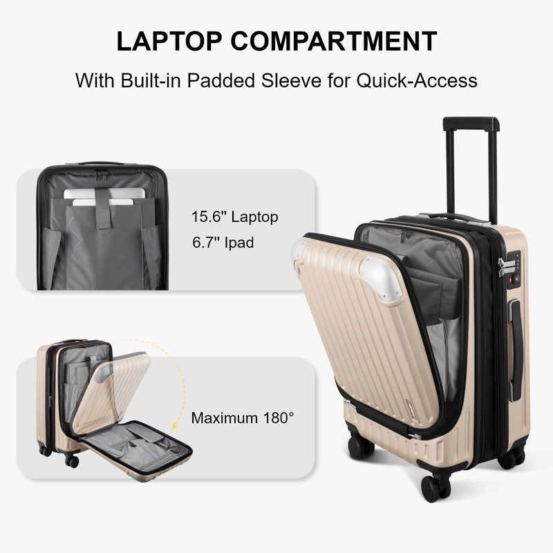 LEVEL8 Grace Carry on Luggage with Front Compartment, 20 Inch Expandable Hardside Suitcases with Wheels, Abs+Pc Harshell Spinner Luggages with Tsa Lock, Travel Bag for Women Men, Champagne - Image 3