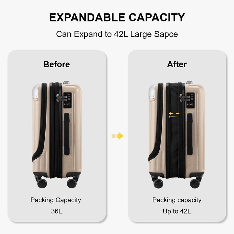 LEVEL8 Grace Carry on Luggage with Front Compartment, 20 Inch Expandable Hardside Suitcases with Wheels, Abs+Pc Harshell Spinner Luggages with Tsa Lock, Travel Bag for Women Men, Champagne - Image 4