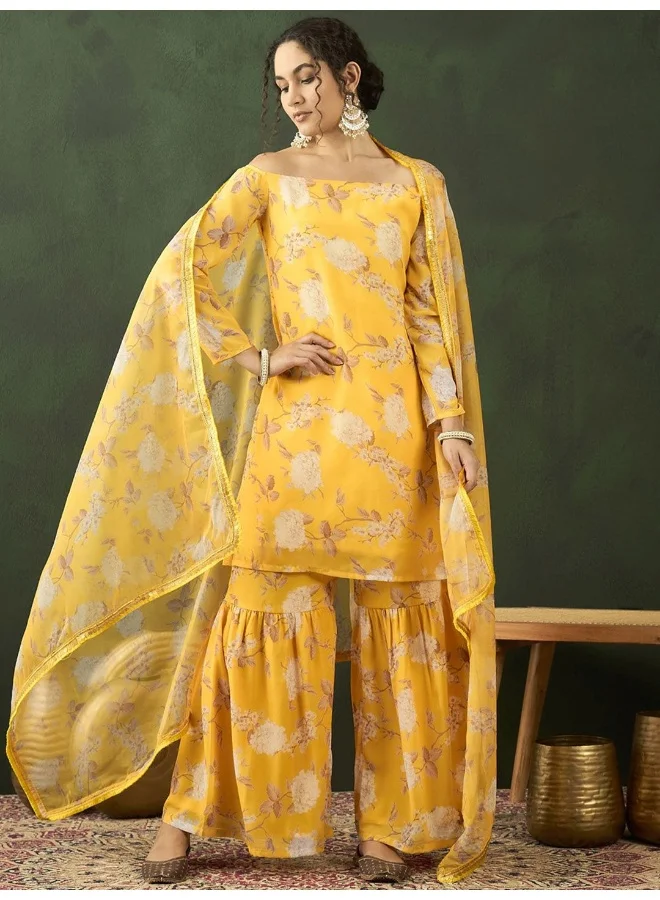 أيه كيه إس Floral Printed Off-Shoulder Georgette Kurta with Sharara & With Dupatta