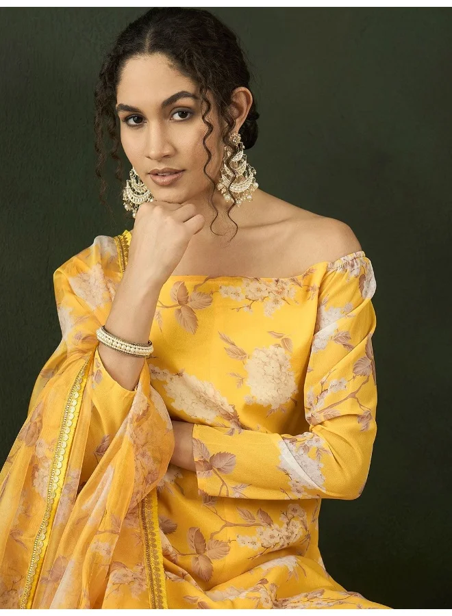 أيه كيه إس Floral Printed Off-Shoulder Georgette Kurta with Sharara & With Dupatta