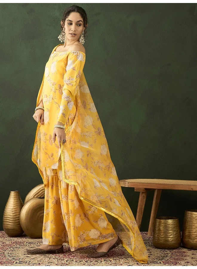 AKS Floral Printed Off-Shoulder Georgette Kurta with Sharara & With Dupatta