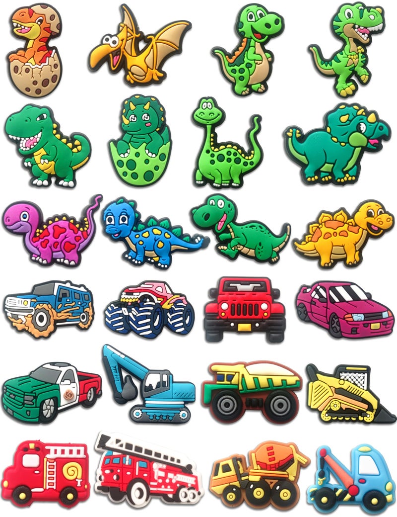 Mowzury Car & Dinosaur Shoe Charms for Boys, 24 PCS Dino & Truck Shoe Decoration Pins for Clog, Cute Shoe Accessories for Kids Party Favor Gifts - Image 1