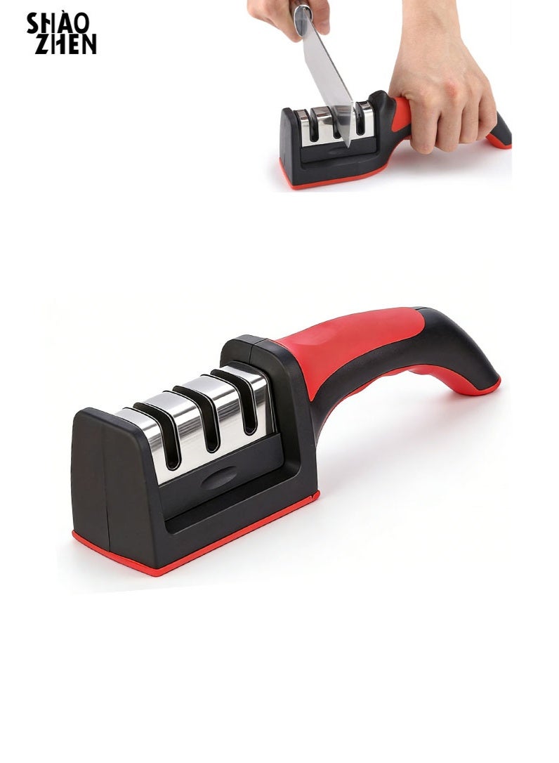 SHAOZHEN 3 in 1 Knife Sharpener with 3 Stages, Handheld Knife Sharpener Helps Repair, Restore, Polish Blades, Including Straight, Serrated Blades and Scissors - Image 1