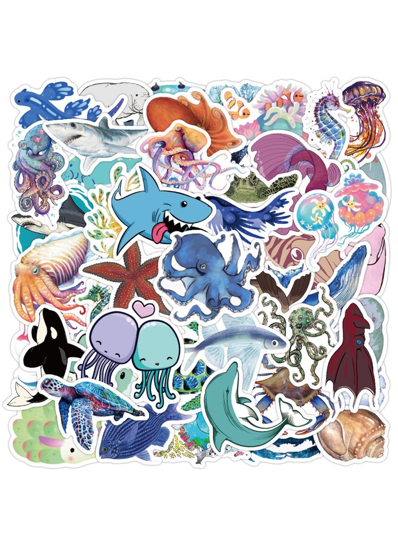 50Pcs Ocean Stickers for Kids Teens Adults, Under The Sea Animal Fish Turtle Stickers for Water Bottle Laptop, Waterproof Sea Creature Sticker Pack - Image 1