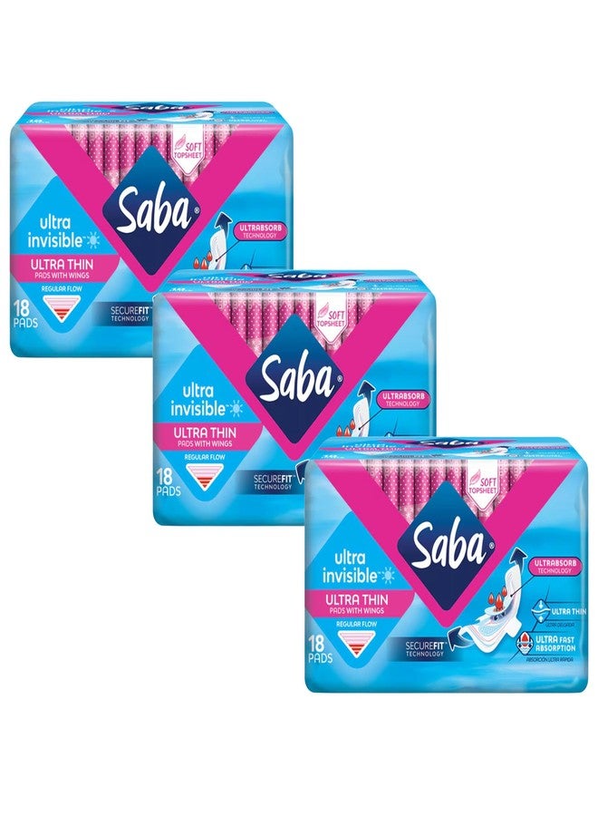 Saba Kombucha SABA Ultra Invisible Ultra Thin Regular Pads with Wings, SecureFit Technology, 3-Pack of 18 Pads (54 Count - Image 1